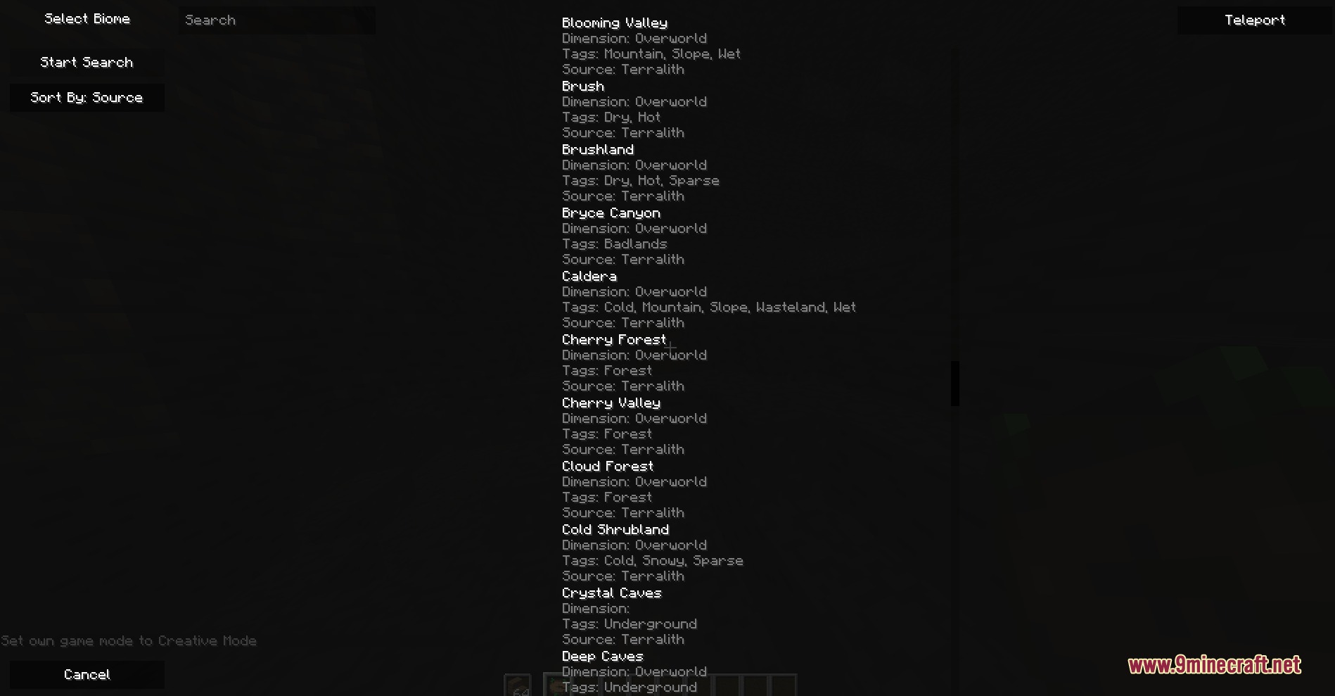 The Rename Compat Project Over 300 Mods Supported Resource Pack Screenshot 2 A Minecraft UI screen listing various biomes with their specific source mod labels