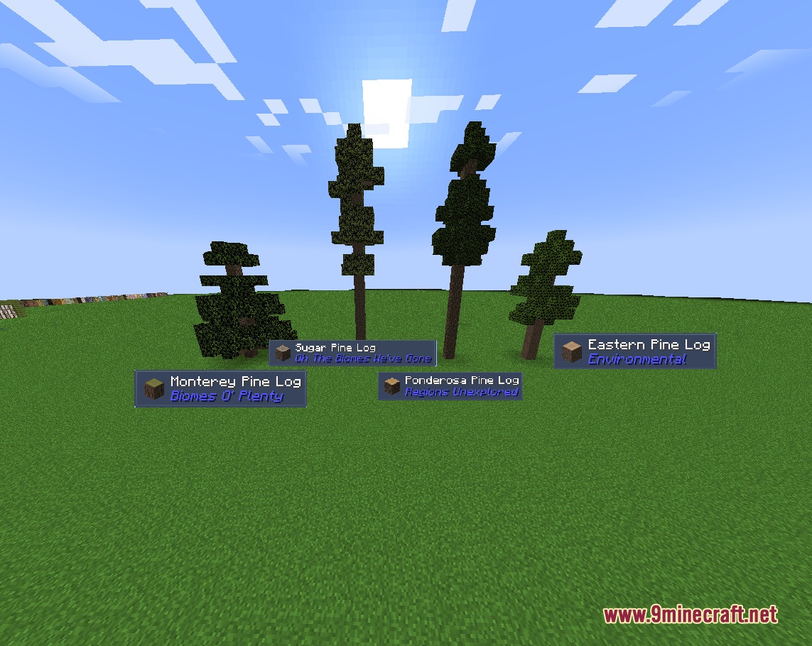 The Rename Compat Project Over 300 Mods Supported Resource Pack Screenshot 4 Four different pine trees from various mods labeled with unique names