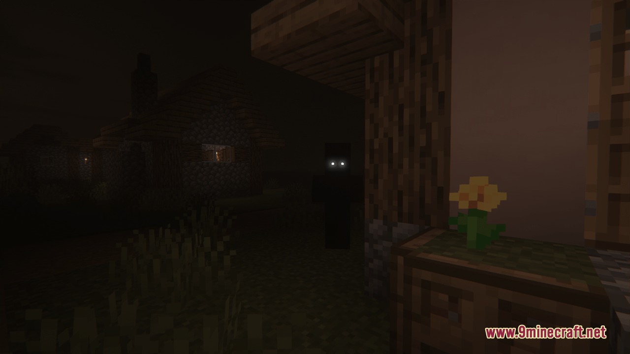 The Silhouettes Horror Mod Screenshot 1 Dark silhouette with glowing eyes stalking near a wooden building at night