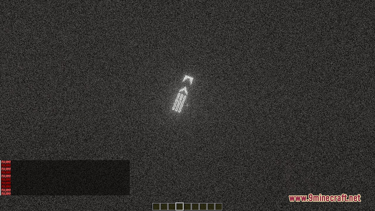 The Silhouettes Horror Mod Screenshot 2 White skeletal figure appears on a noisy screen with red run warnings