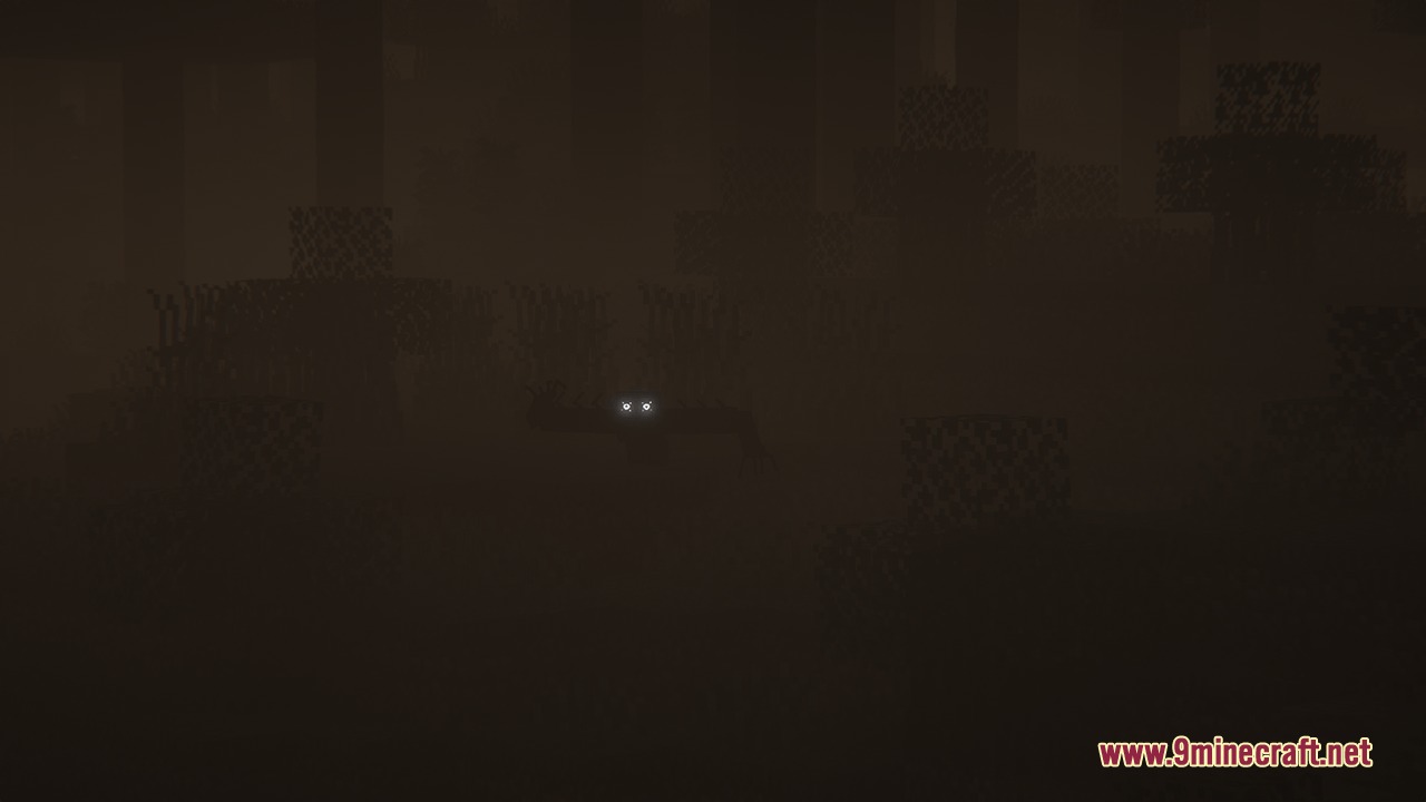 The Silhouettes Horror Mod Screenshot 3 A pair of glowing white eyes staring from the thick dark fog