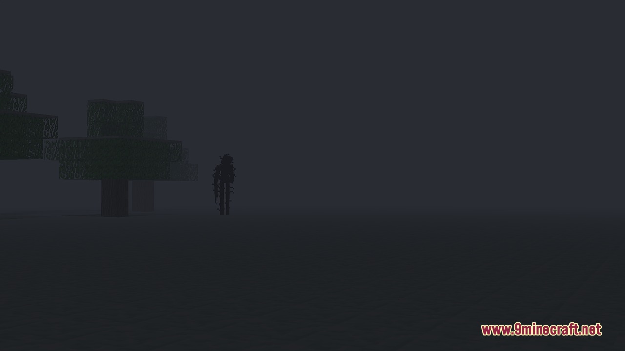 The Silhouettes Horror Mod Screenshot 7 A tall dark silhouette stands in the foggy Minecraft forest at night