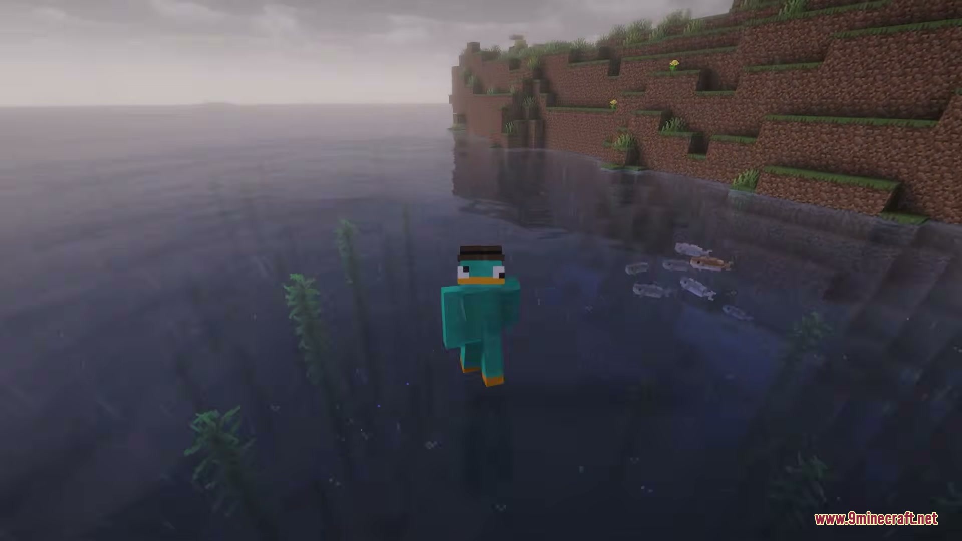 The Sound of Rain Mod Screenshot 1 A player wearing a Perry the Platypus skin swimming in a rainy ocean