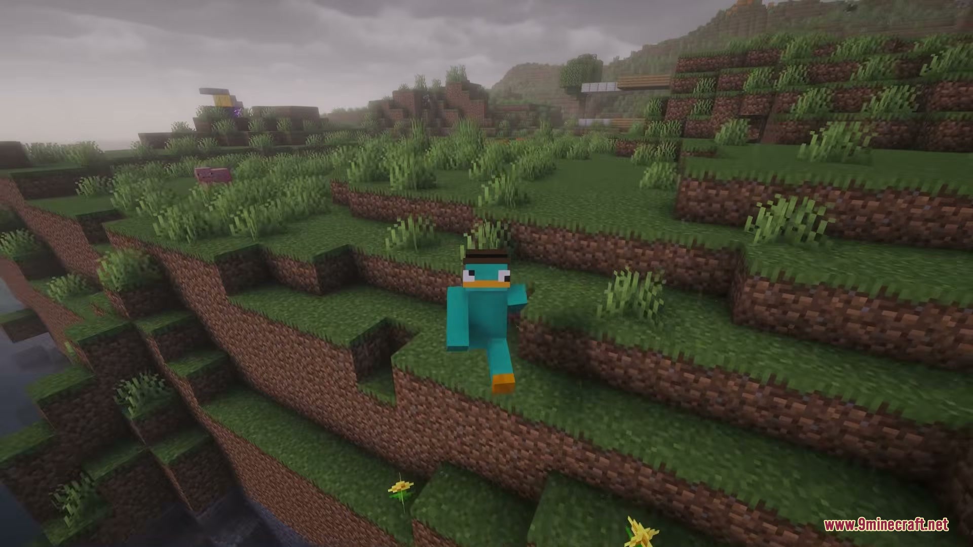The Sound of Rain Mod Screenshot 2 A player wearing a Perry the Platypus skin running on a grassy cliffside