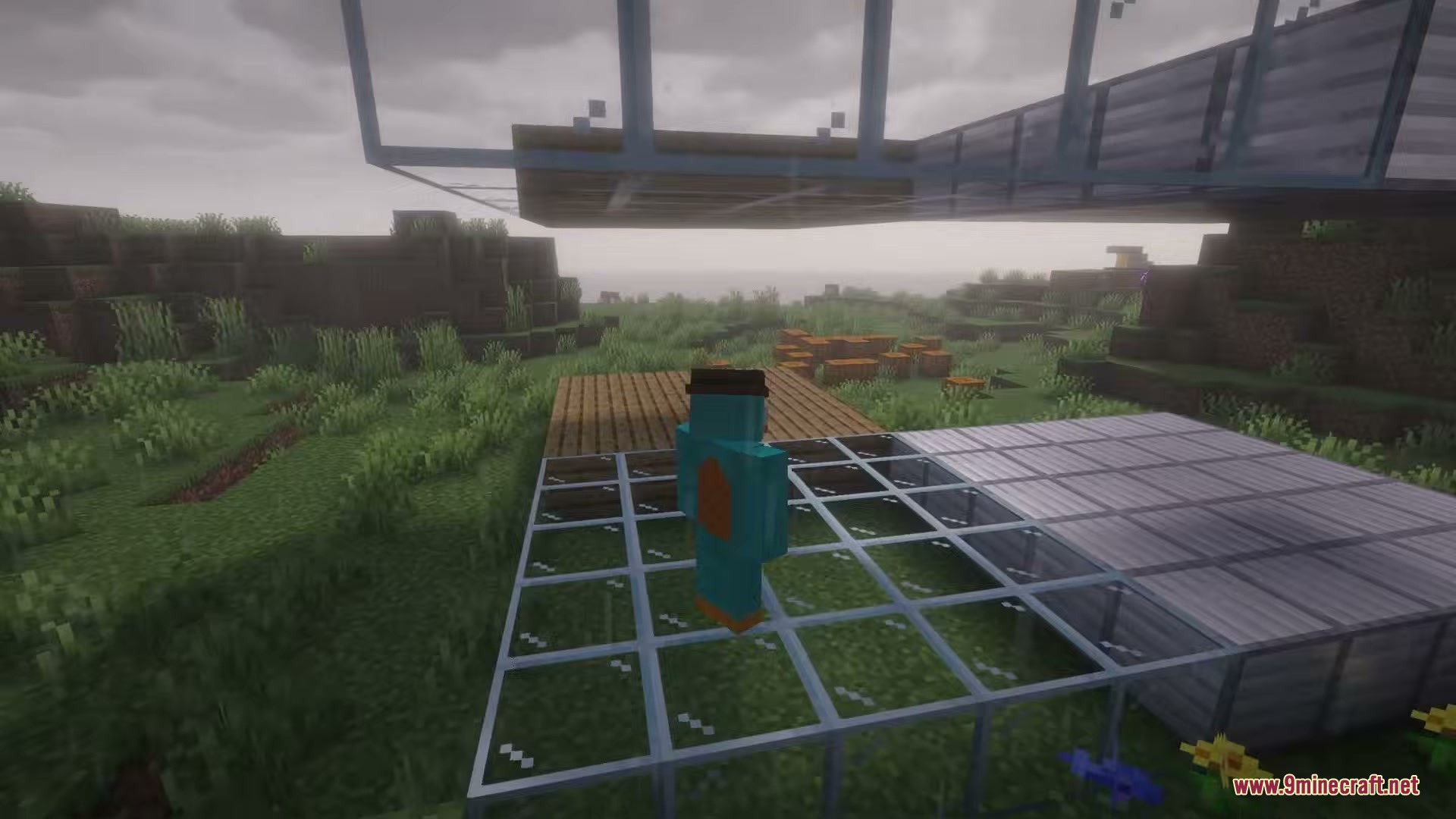 The Sound of Rain Mod Screenshot 5 Minecraft player standing on glass and wood blocks under a cloudy sky