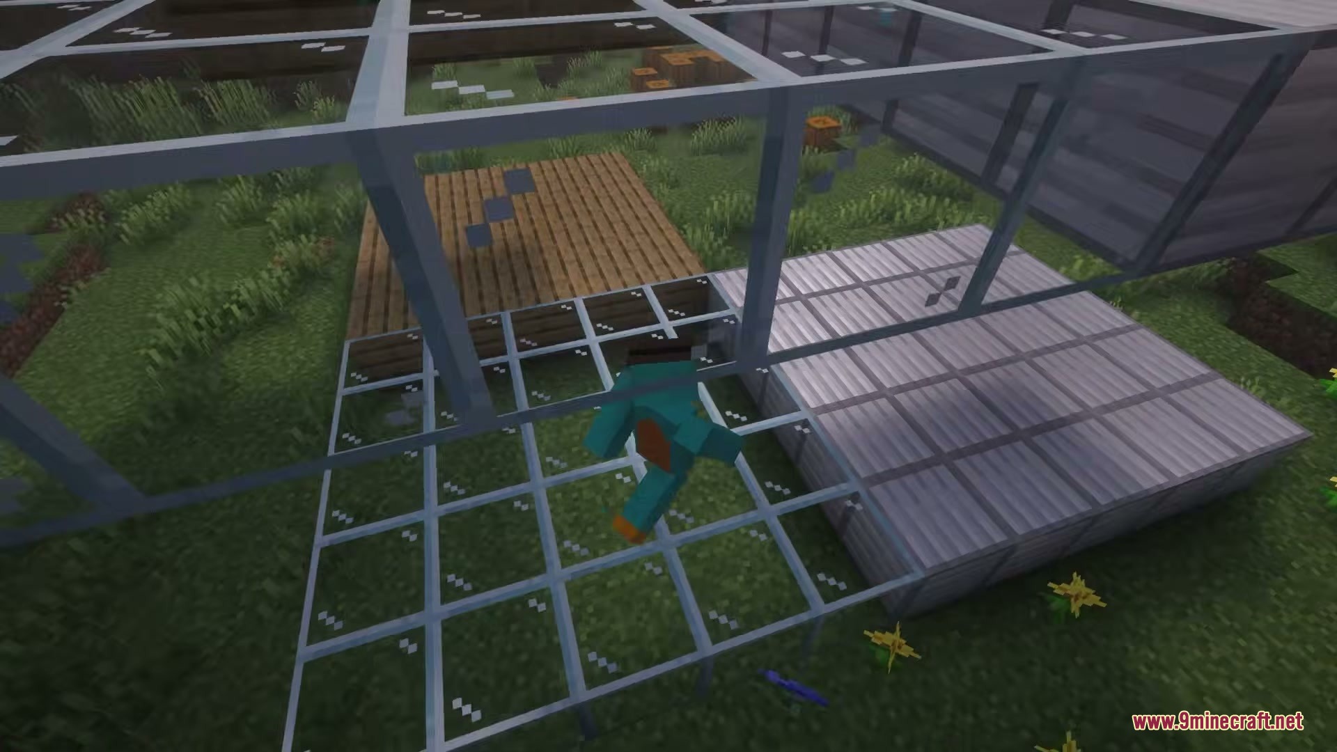 The Sound of Rain Mod Screenshot 6 Player jumping through a glass structure to hear material specific rain sounds