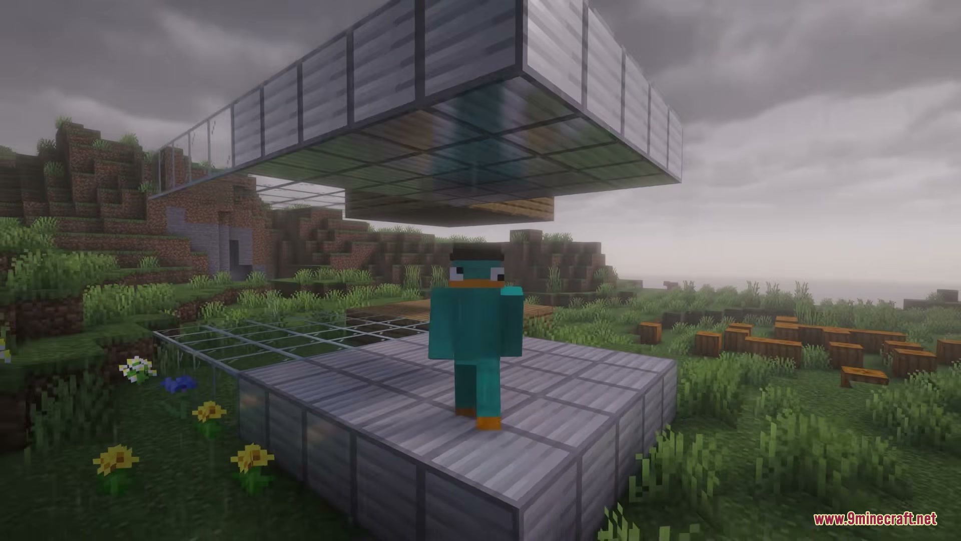The Sound of Rain Mod Screenshot 8 A player wearing a platypus skin stands under a glass roof during rain