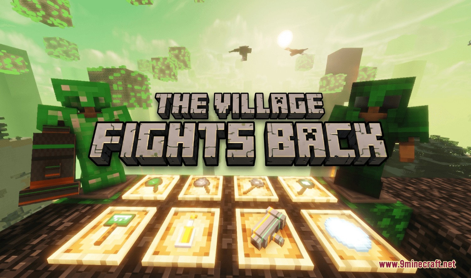 The Village Fights Back Mod Screenshot 1 The Village Fights Back mod title screen with emerald armor and custom items