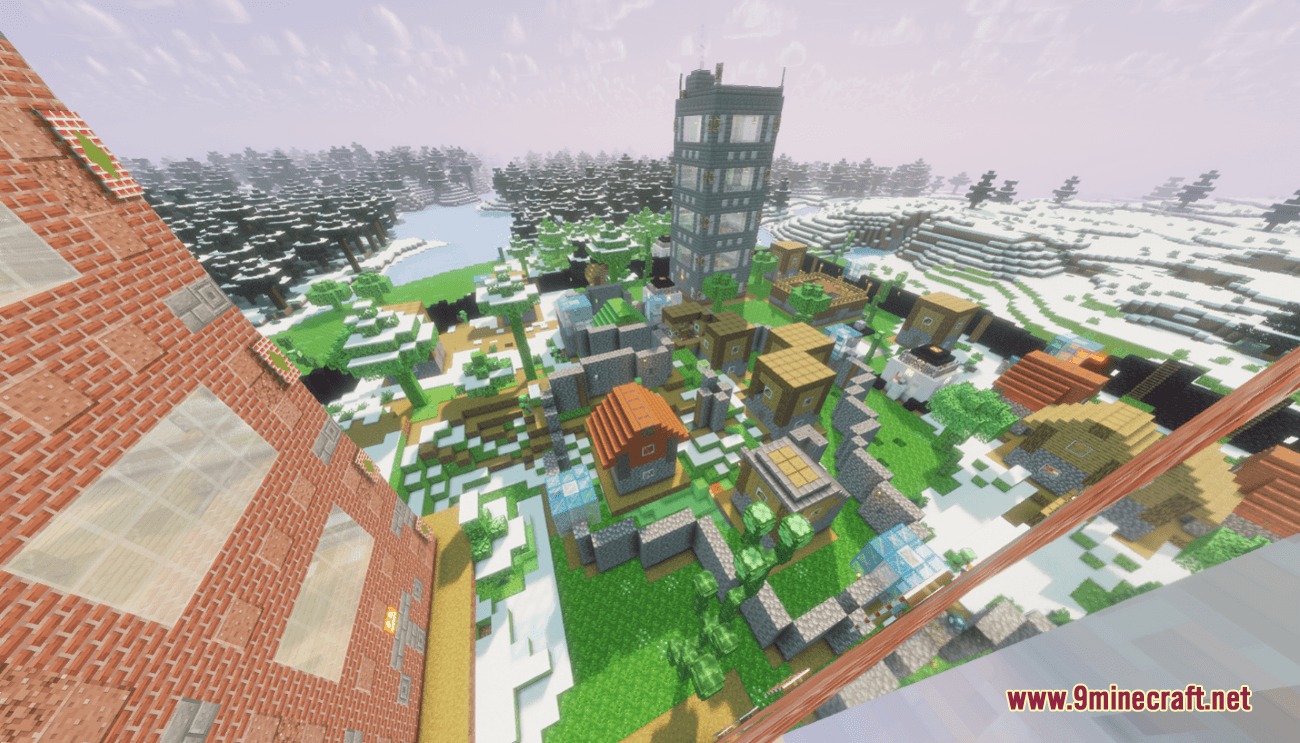 The Village Fights Back Mod Screenshot 2 Aerial view of a village fortified with walls and tall stone towers