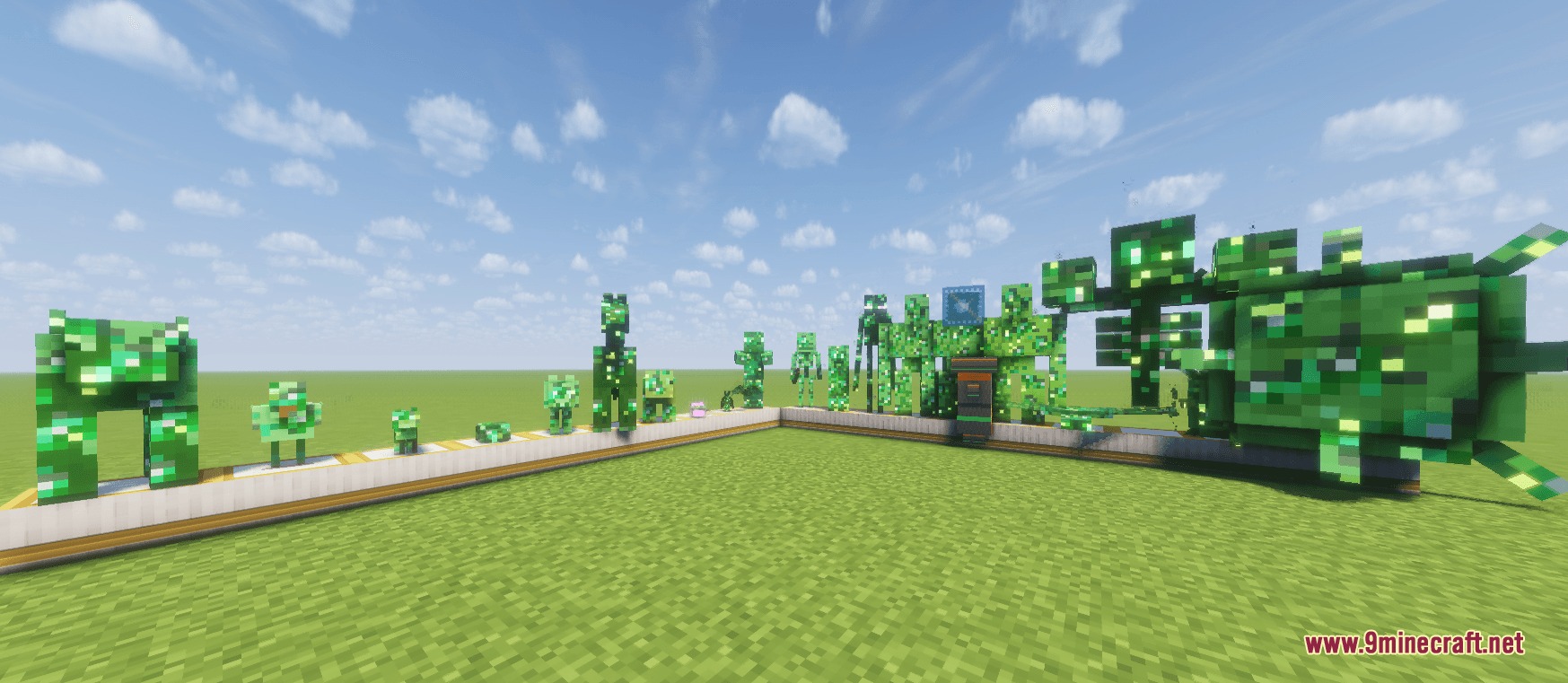 The Village Fights Back Mod Screenshot 6 A lineup of seventeen new green creatures and bosses on a flat field