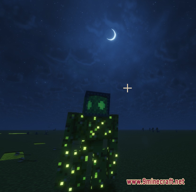 The Village Fights Back Mod Screenshot 7 A tall dark creature with glowing green spots under the moon