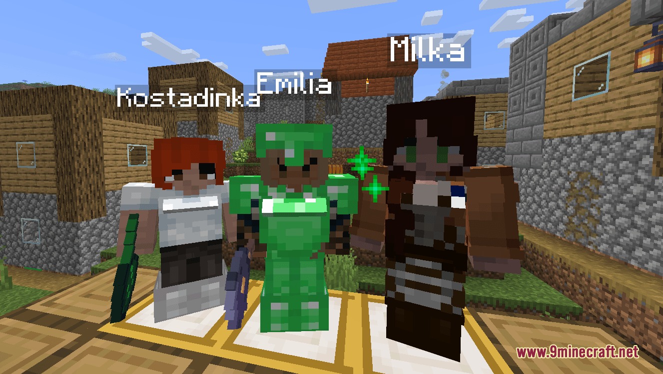 The Village Fights Back Mod Screenshot 8 Three players wearing emerald armor standing together in a Minecraft village
