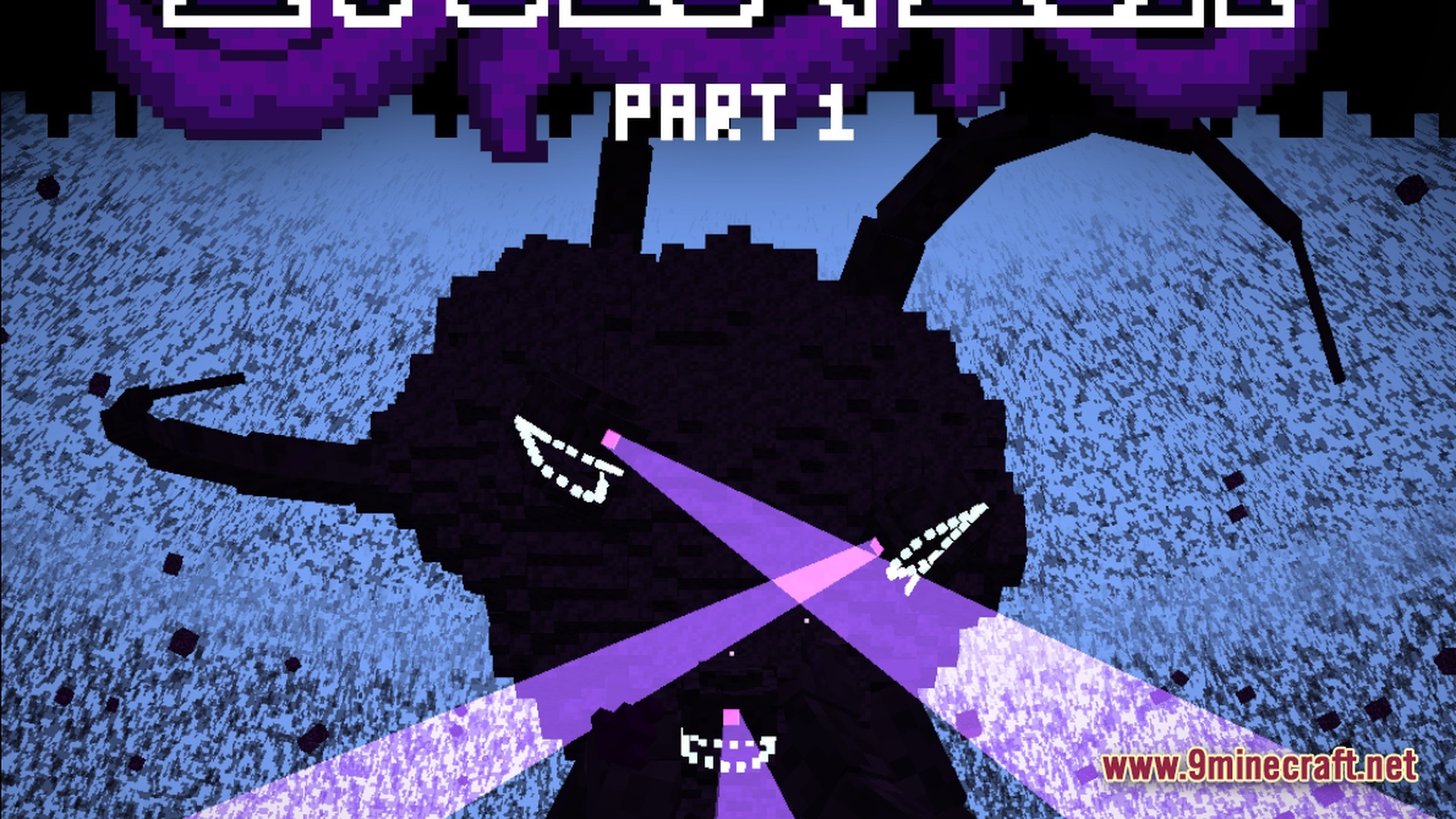 The Wither Storm fires purple tractor beams from its eyes while looming over a snowy landscape