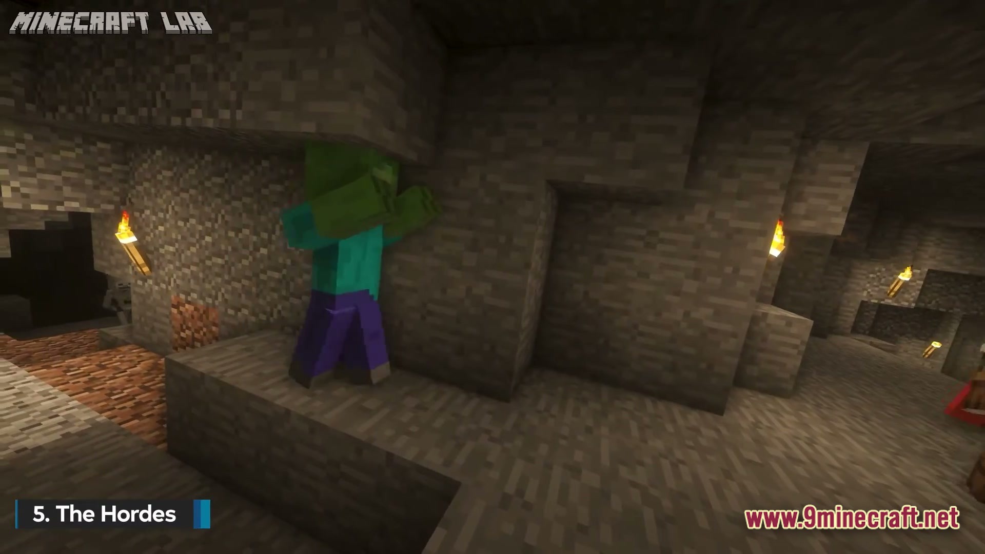 A zombie stands in a dimly lit stone cave illuminated by several wall-mounted torches