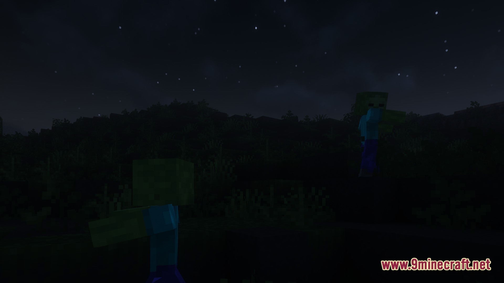 Two zombies wander through a dark, grassy landscape under a starry night sky