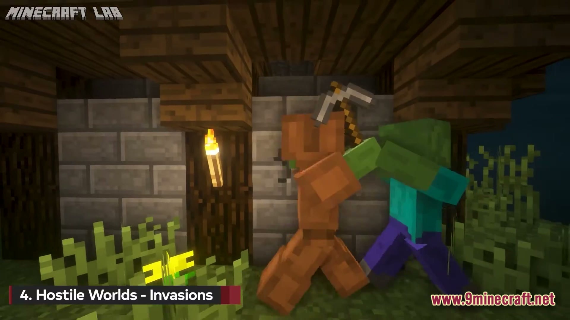 A zombie attacking a player wearing copper armor outside a stone brick and wood structure