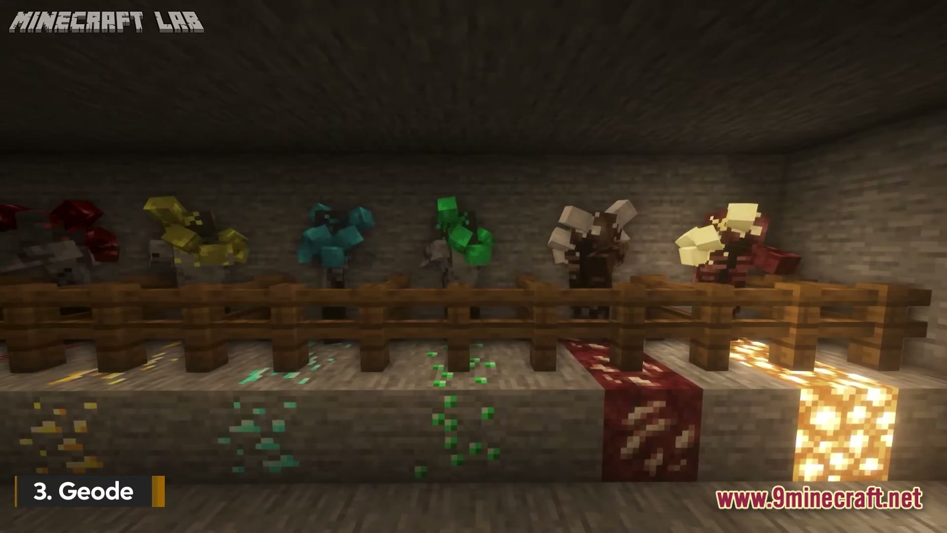 Various types of geode zombies contained behind wooden fences in a stone underground room