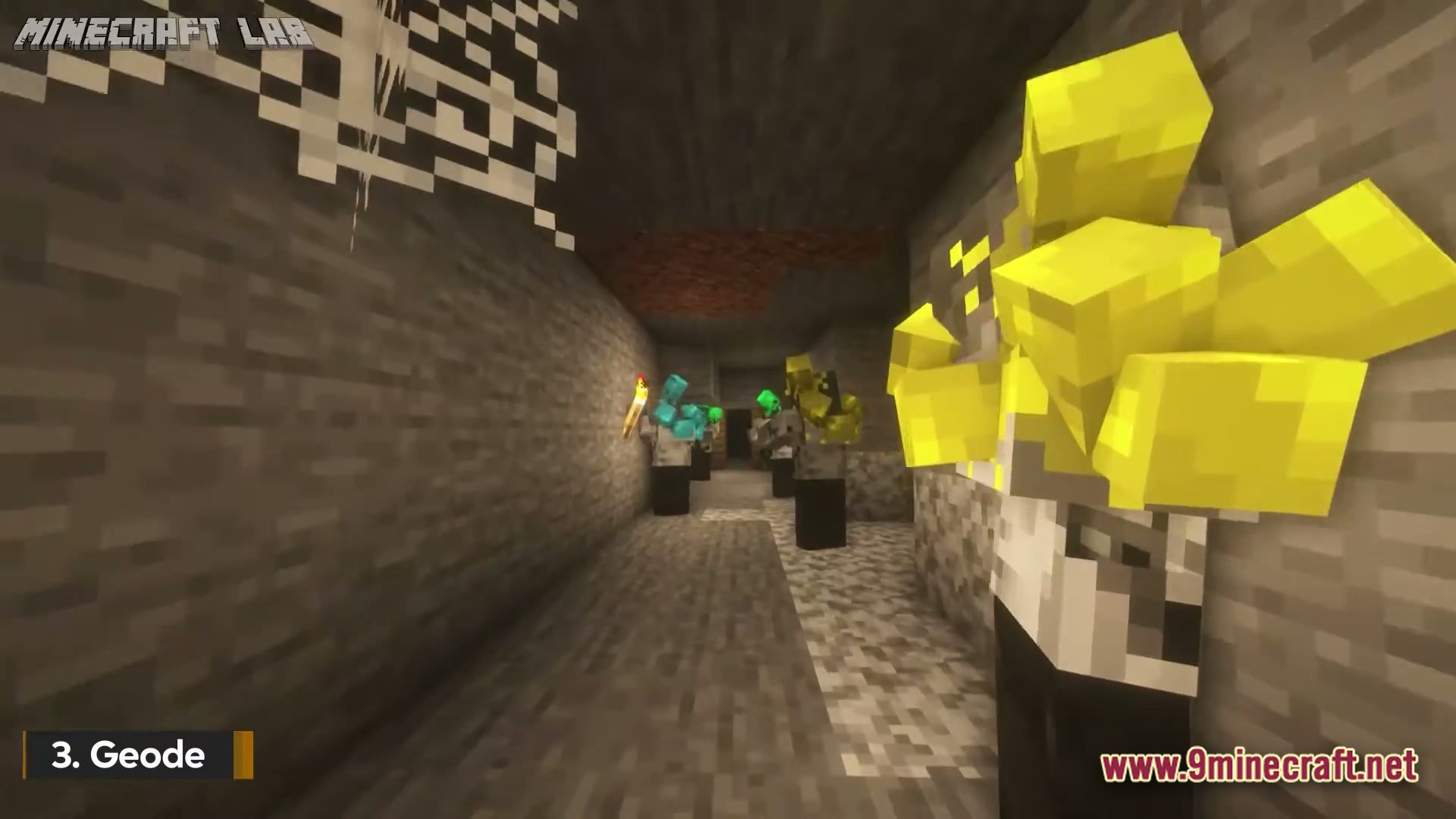 A group of zombies with crystalline geode growths on their heads inside a stone cave