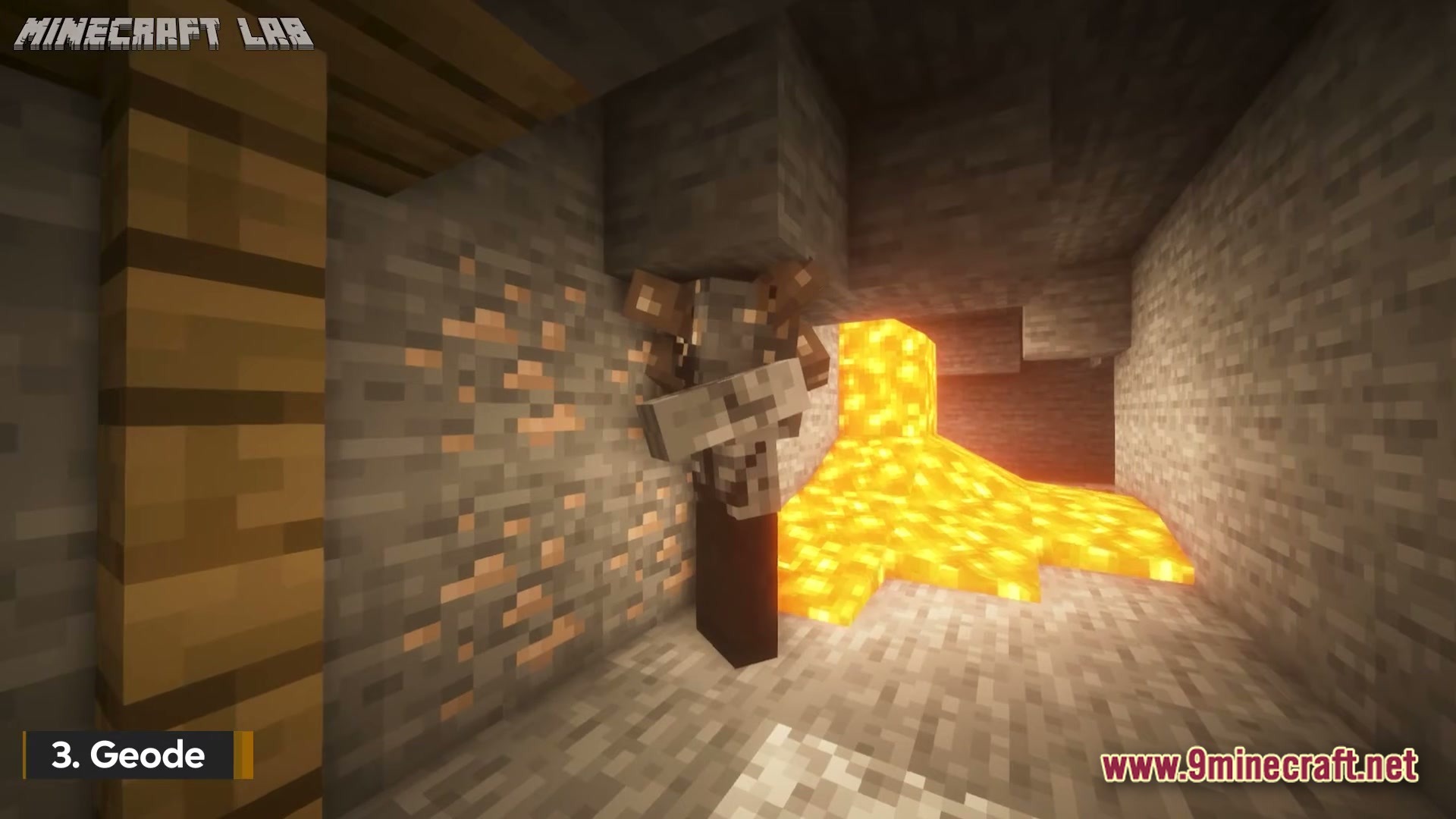 A zombie miner stands in a cave near iron ore and a lava flow