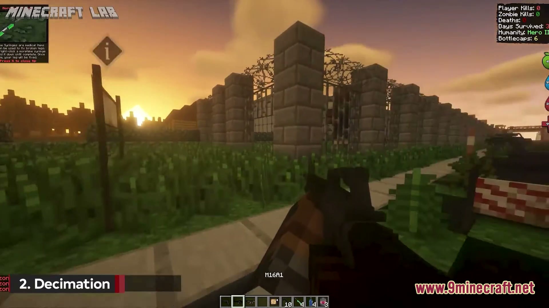A player holds an M16A1 rifle near a stone pillar fence during a sunset in Minecraft