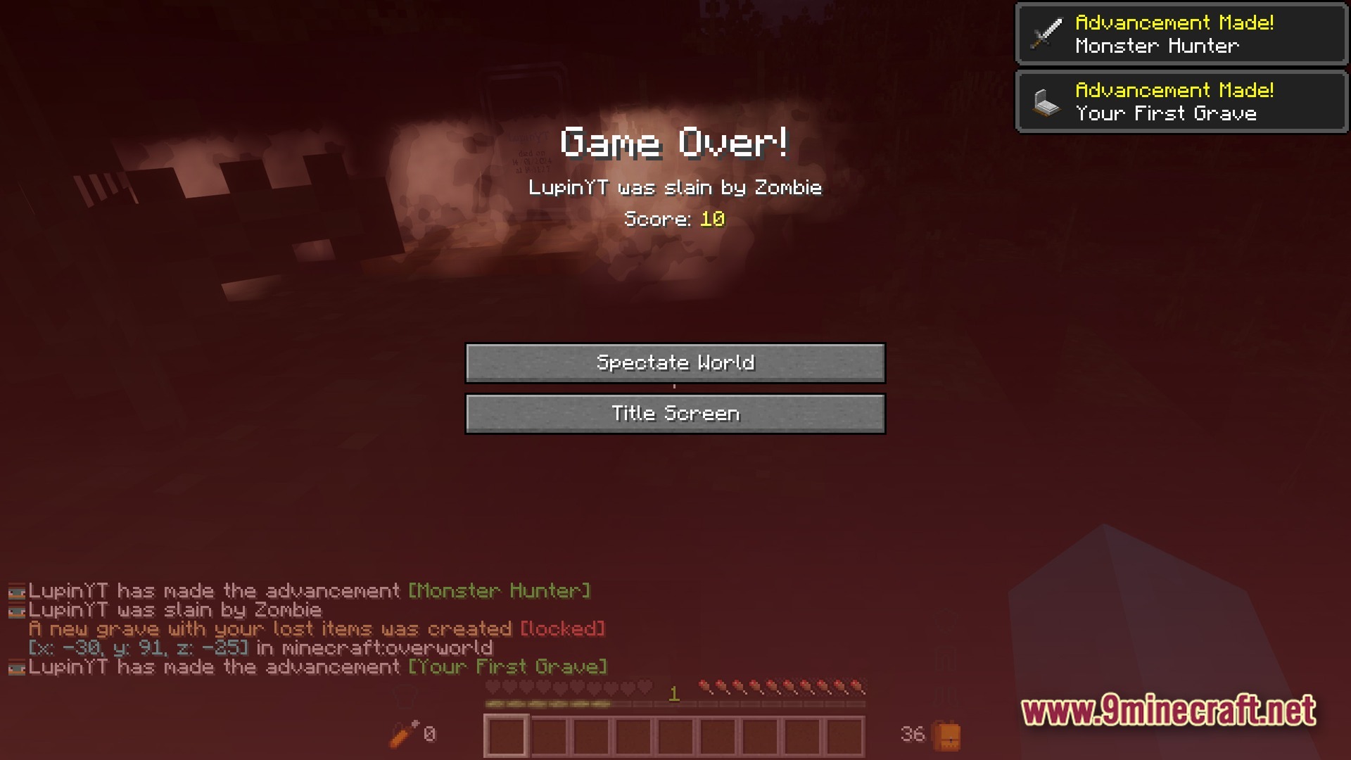 A Game Over screen in Minecraft showing a player slain by a zombie with grave advancements