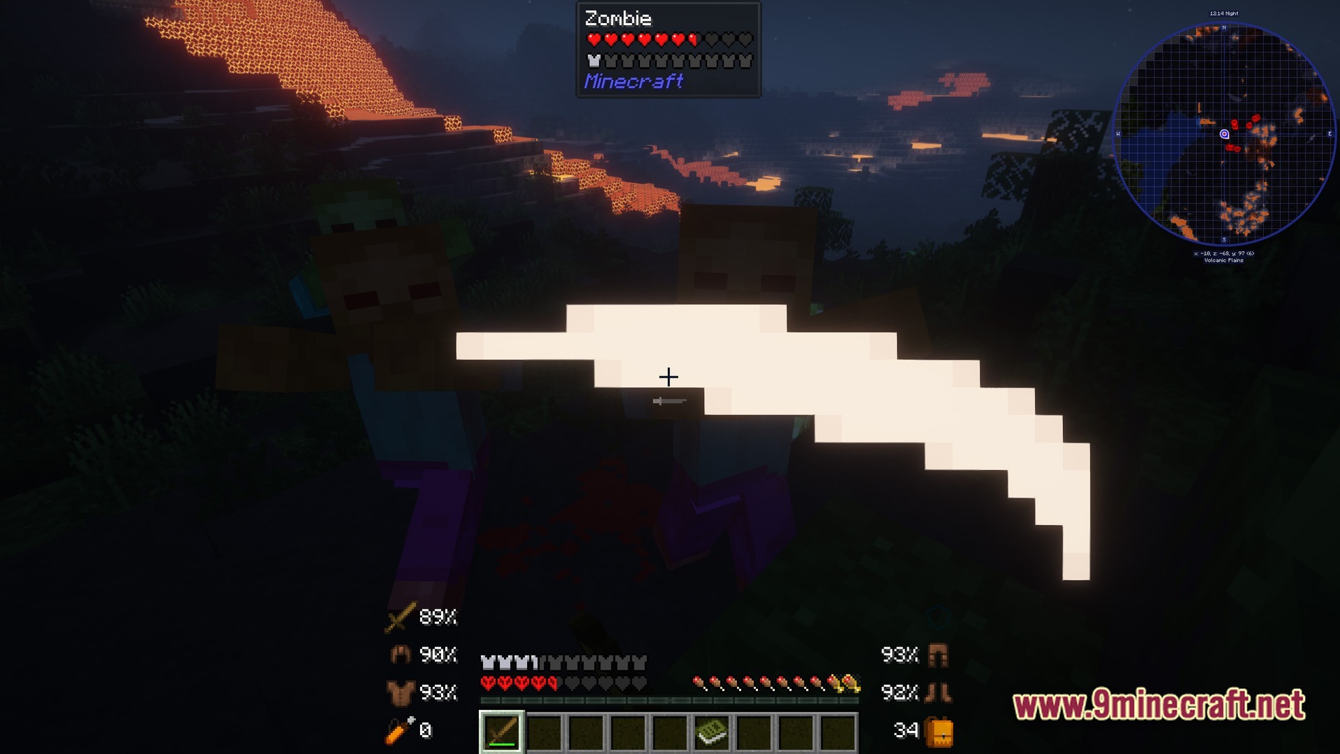 A player attacks zombies at night in a volcanic biome with lava flows and custom HUD