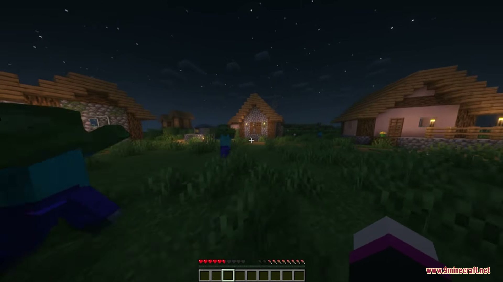There Are Hot Singles Nearby Resource Pack Screenshot 1 A player explores a village at night while a zombie wanders nearby