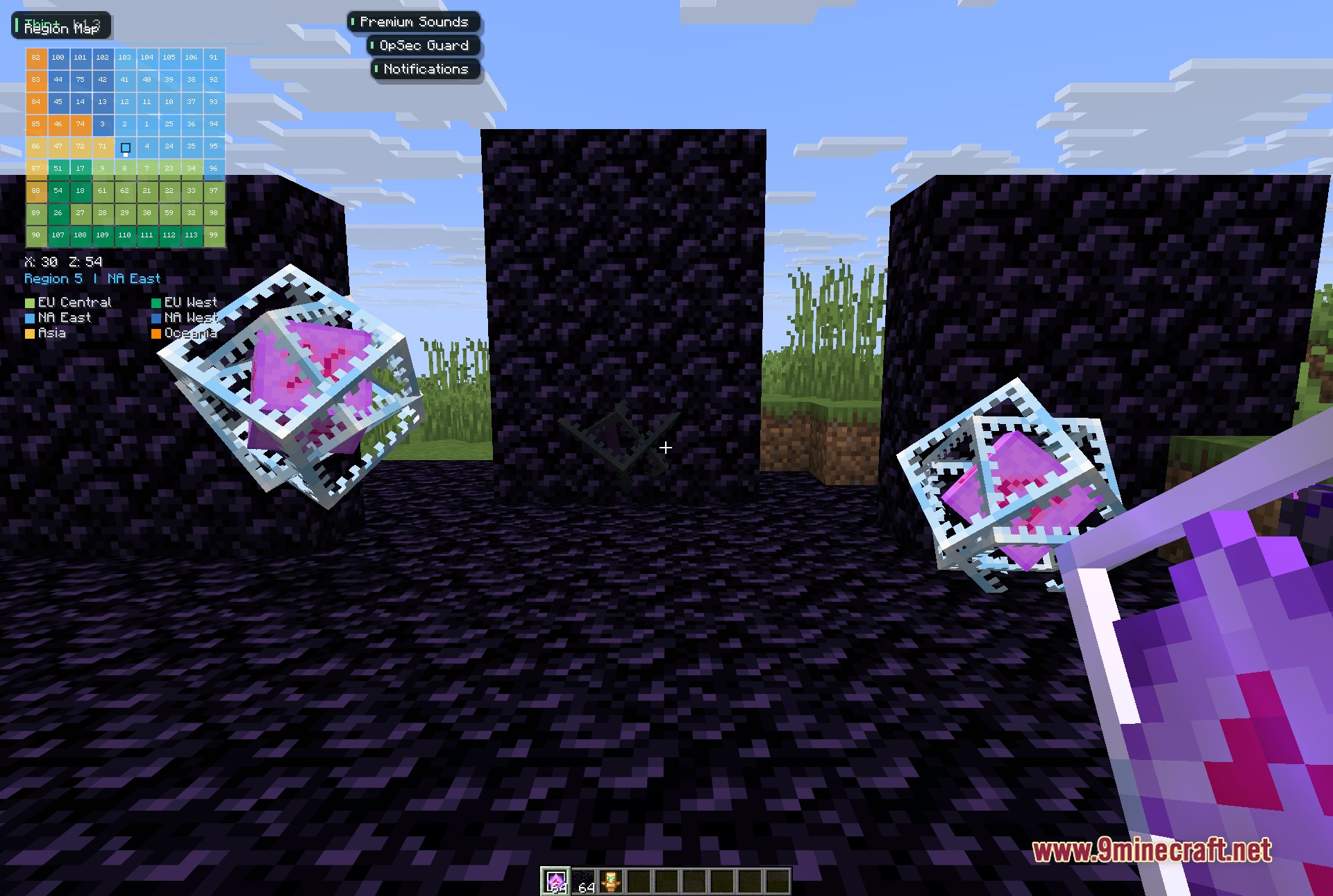 Thin Client Mod Screenshot 1 Player holding an end crystal near obsidian blocks with a mini map interface