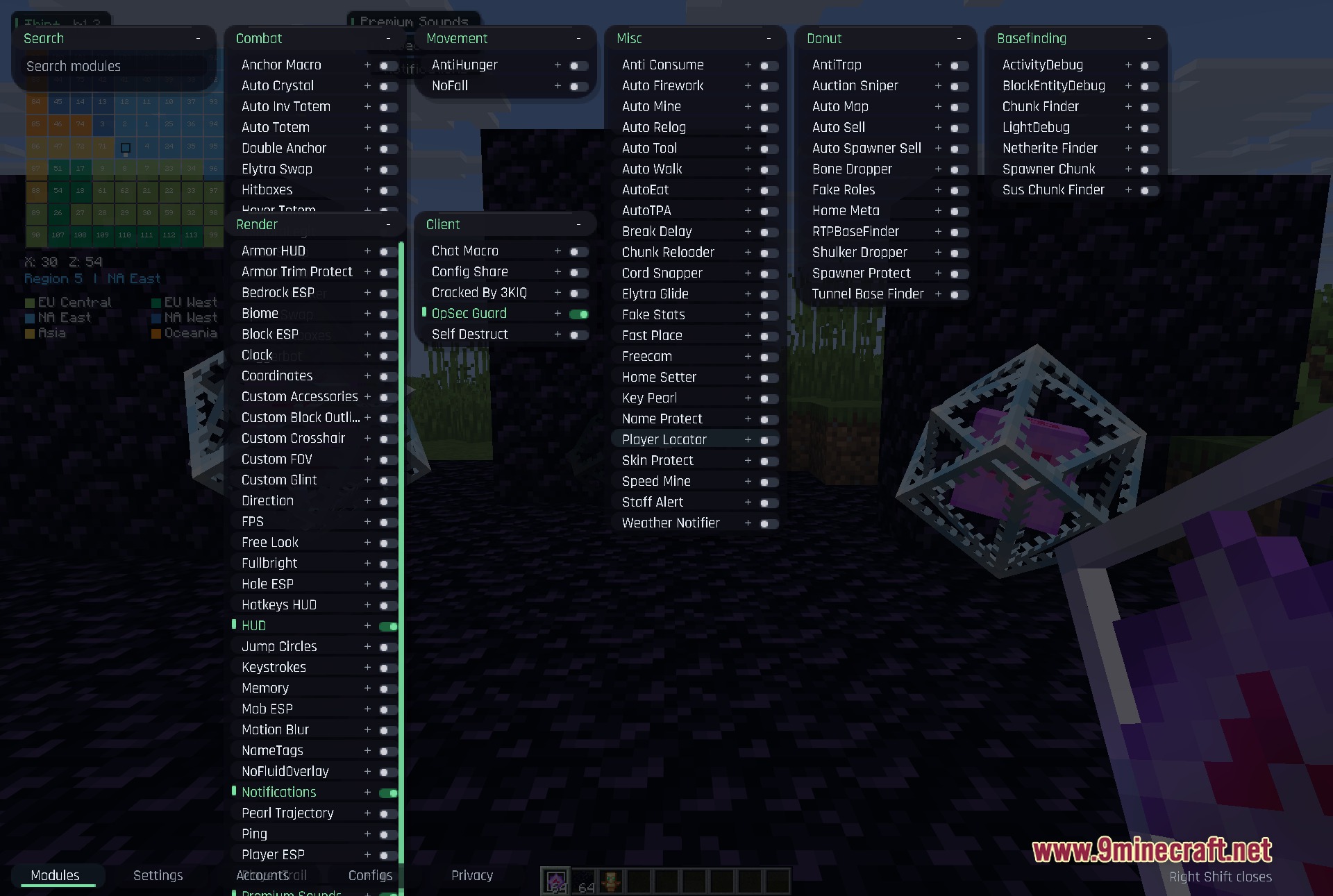 Thin Client Mod Screenshot 2 A modular utility client menu showing various combat and movement categories in Minecraft