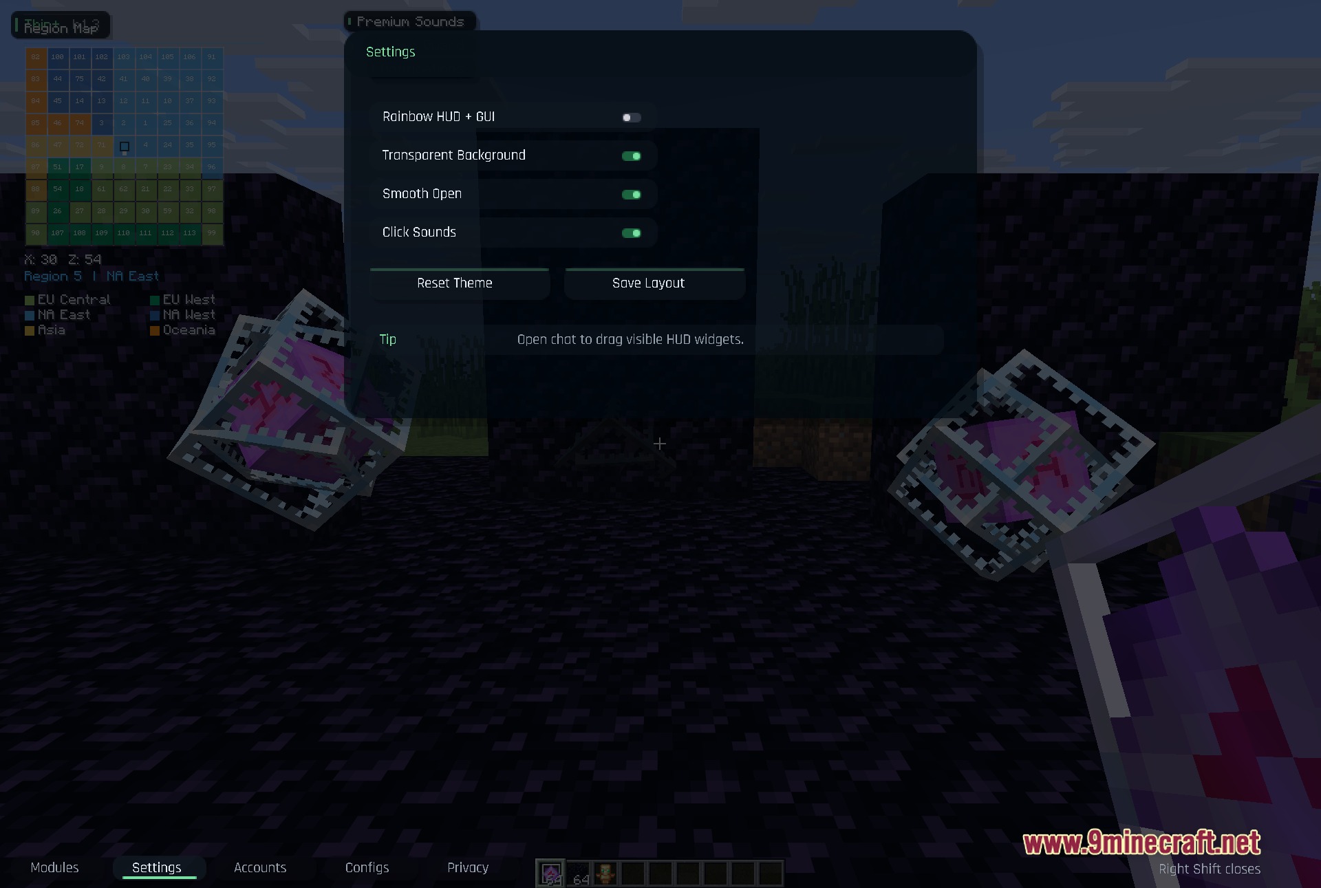 Thin Client Mod Screenshot 3 Minecraft settings menu with options for rainbow HUD and transparent background