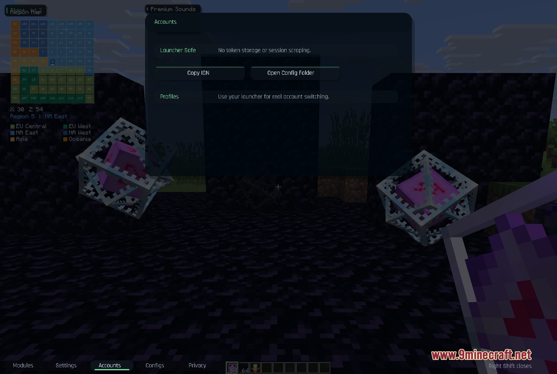 Thin Client Mod Screenshot 4 Minecraft account management menu with options for launcher safety and profiles