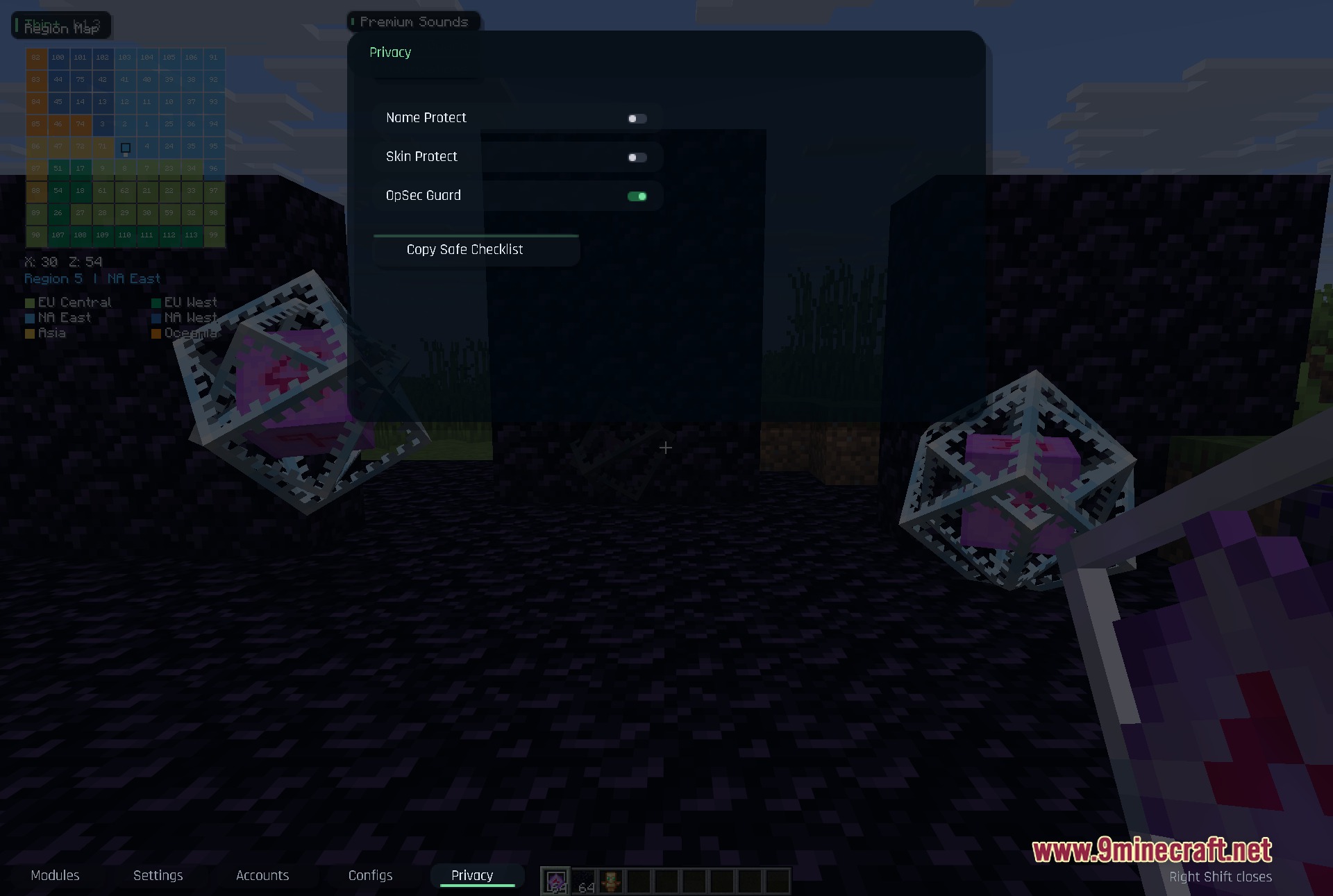 Thin Client Mod Screenshot 6 Privacy settings for a Minecraft utility client with end crystals visible