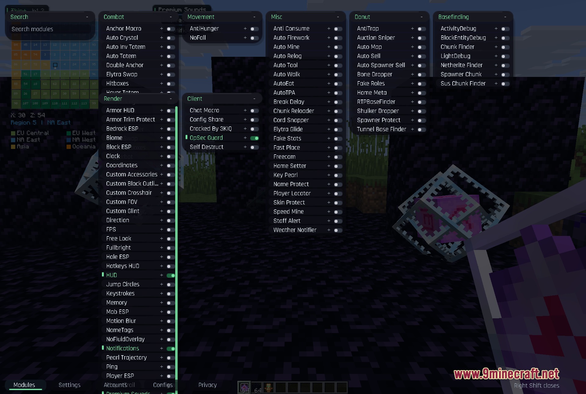 Thin Client Mod Screenshot 7 A detailed menu overlay for a Minecraft utility client with multiple module categories