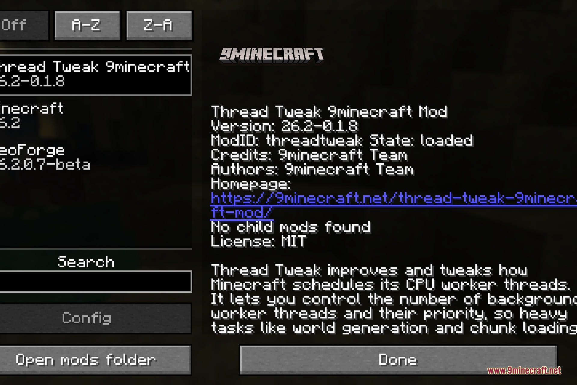 Thread Tweak 9minecraft Mod Screenshot 1 A Minecraft mod menu displaying details and configuration for the Thread Tweak mod