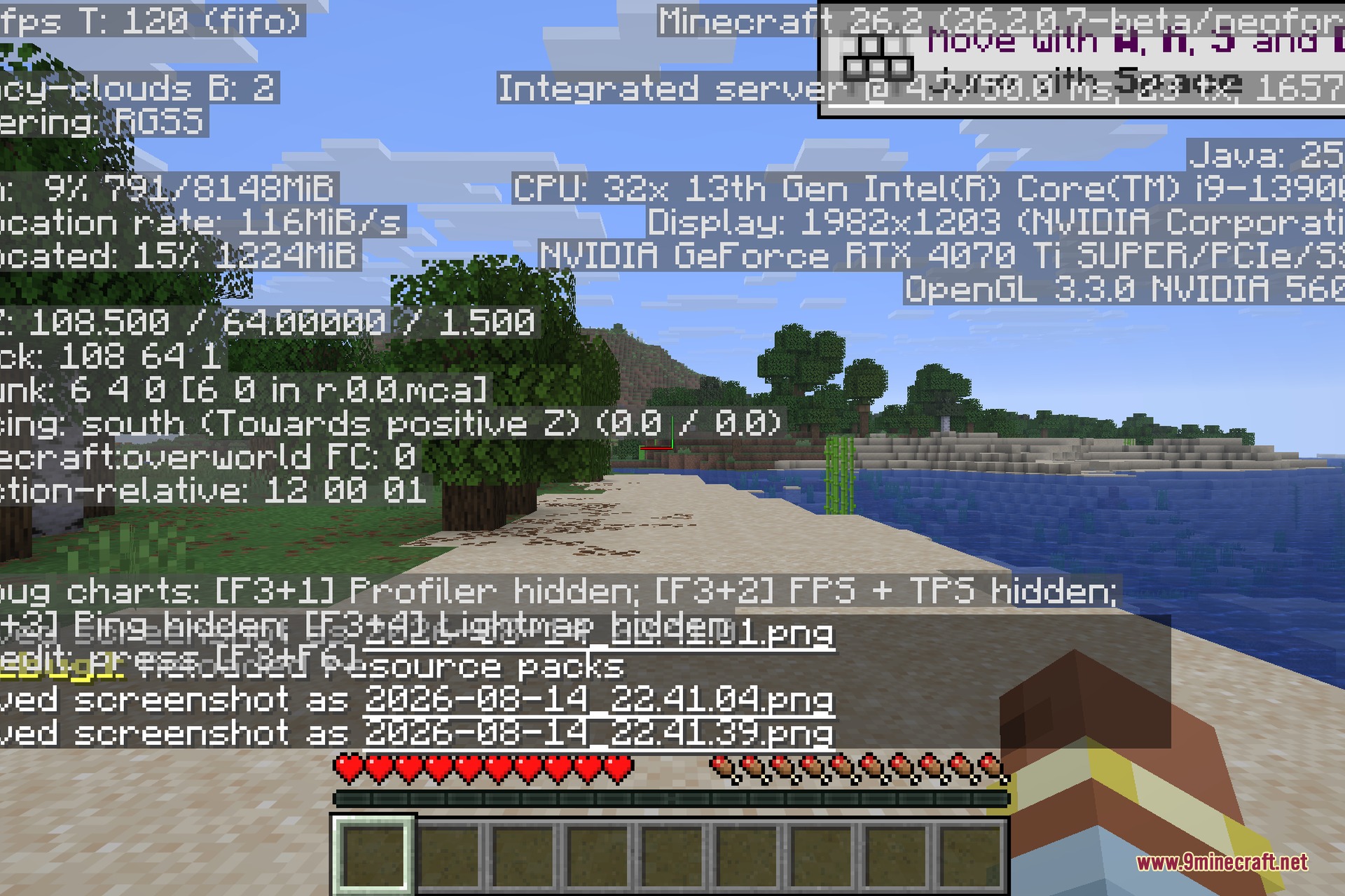 Thread Tweak 9minecraft Mod Screenshot 2 Minecraft gameplay showing the debug screen with detailed hardware and performance statistics