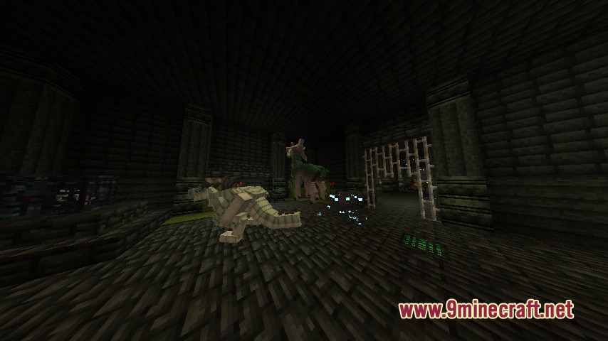 Threateningly Mobs Continued Mod Screenshot 1 Hostile creatures roam a dark stone dungeon with pillars and a monster spawner
