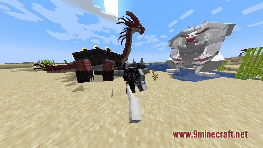 Threateningly Mobs Continued Mod Screenshot 2 Armored player faces a giant white rabbit and a long necked creature