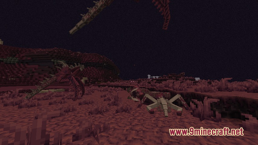 Threateningly Mobs Continued Mod Screenshot 4 Skeletal monsters roaming the red terrain of the Distortion Land dimension