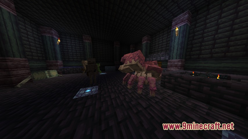 Threateningly Mobs Continued Mod Screenshot 5 A Beast Horseshoe Crab stands inside a dark stone dungeon room
