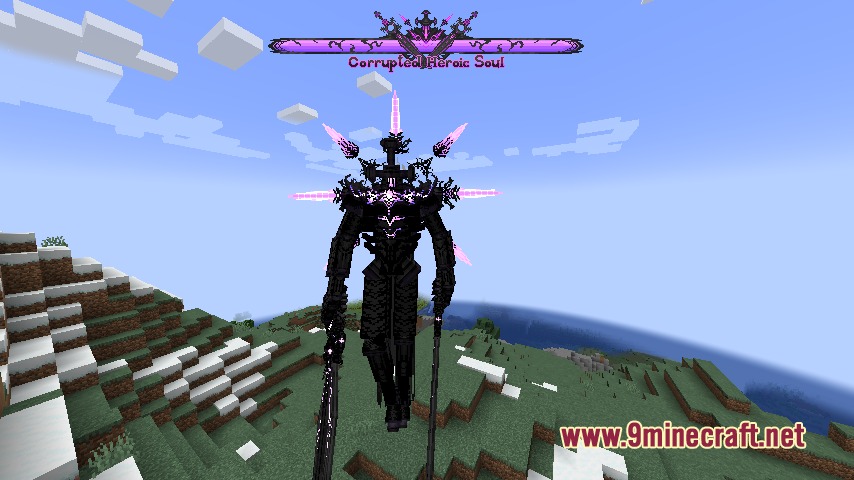 Threateningly Mobs Continued Mod Screenshot 6 The Corrupted Heroic Soul boss floats above a snowy Minecraft landscape