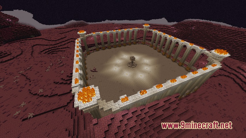 Threateningly Mobs Continued Mod Screenshot 7 A large pillared arena with fire torches in the red Distortion Land