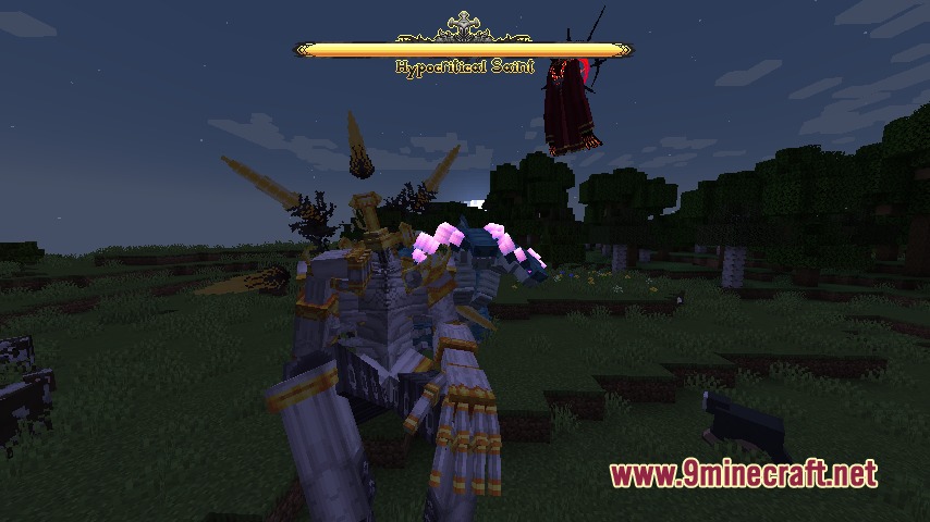 Threateningly Mobs Continued Mod Screenshot 8 The Hypocritical Saint boss engages in combat in a grassy field at night