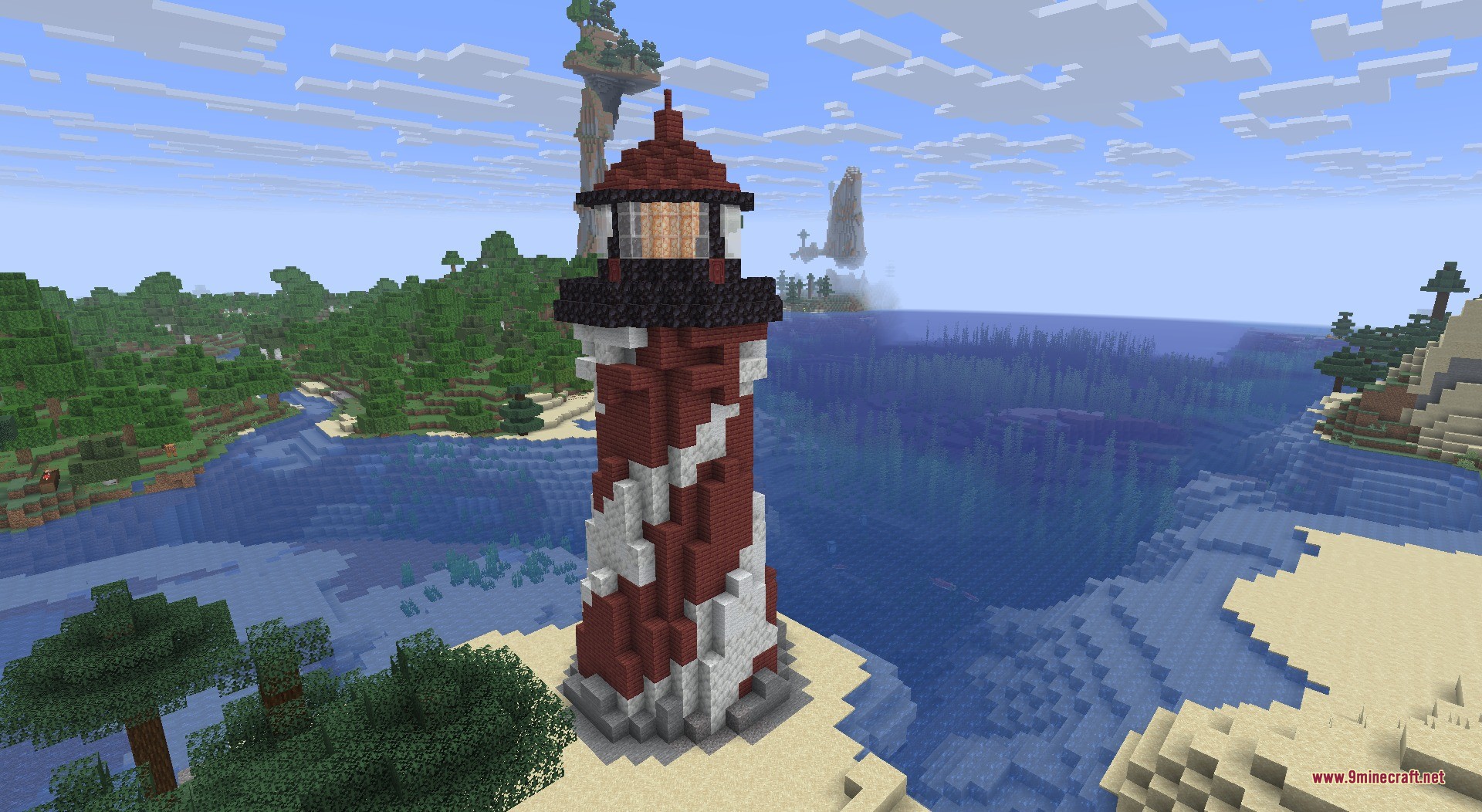 Thun's Structures Data Pack Screenshot 1 A red and white striped lighthouse on a sandy beach near the ocean