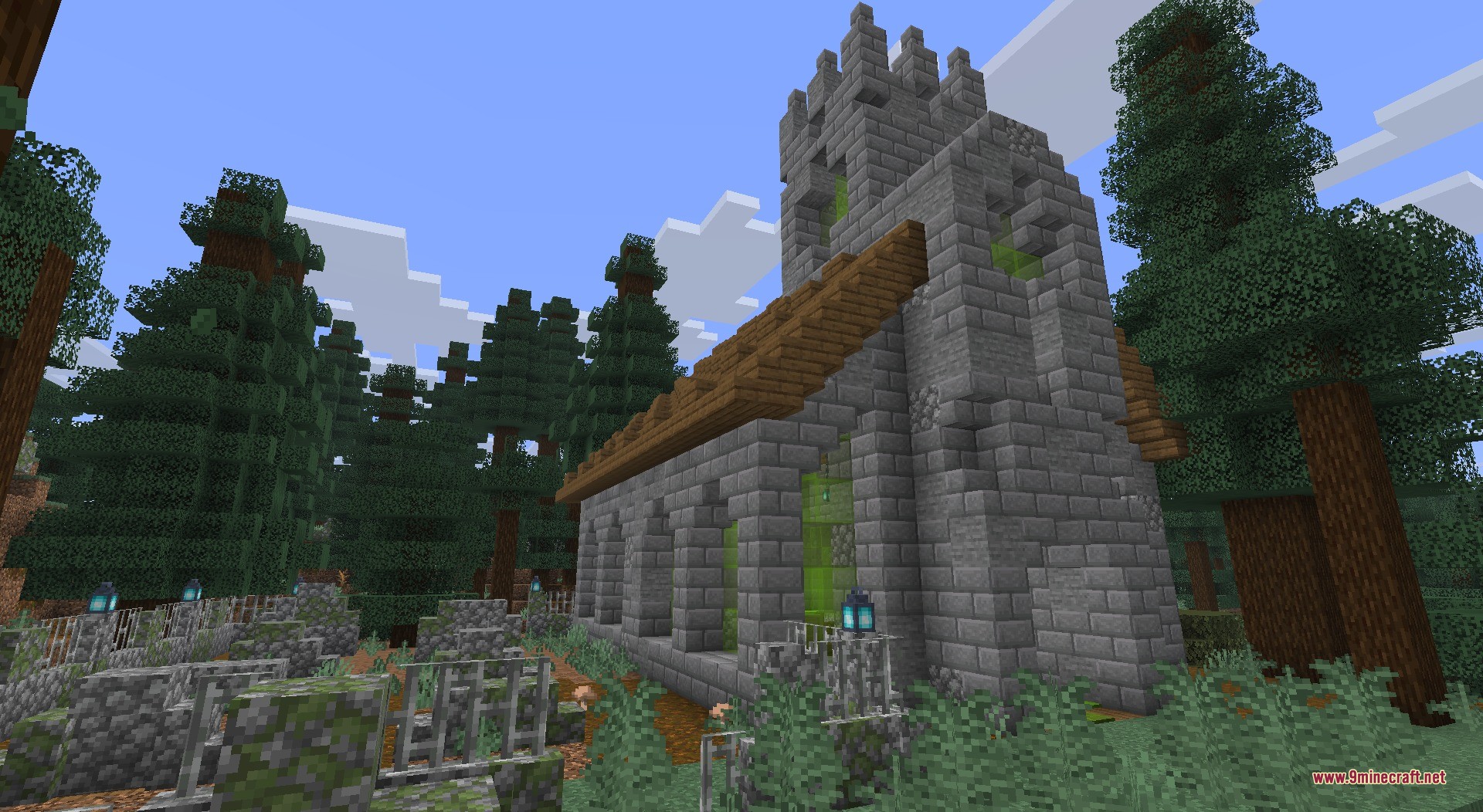 Thun's Structures Data Pack Screenshot 2 A stone brick church and graveyard structure located in a spruce forest biome