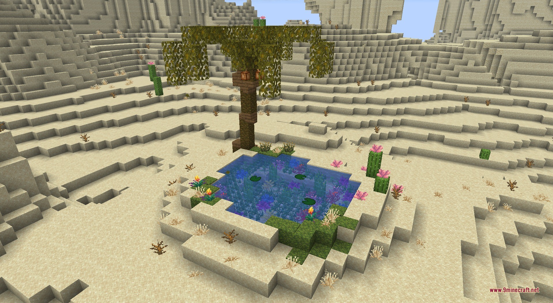 Thun's Structures Data Pack Screenshot 3 A small oasis with a palm tree and water in a desert biome