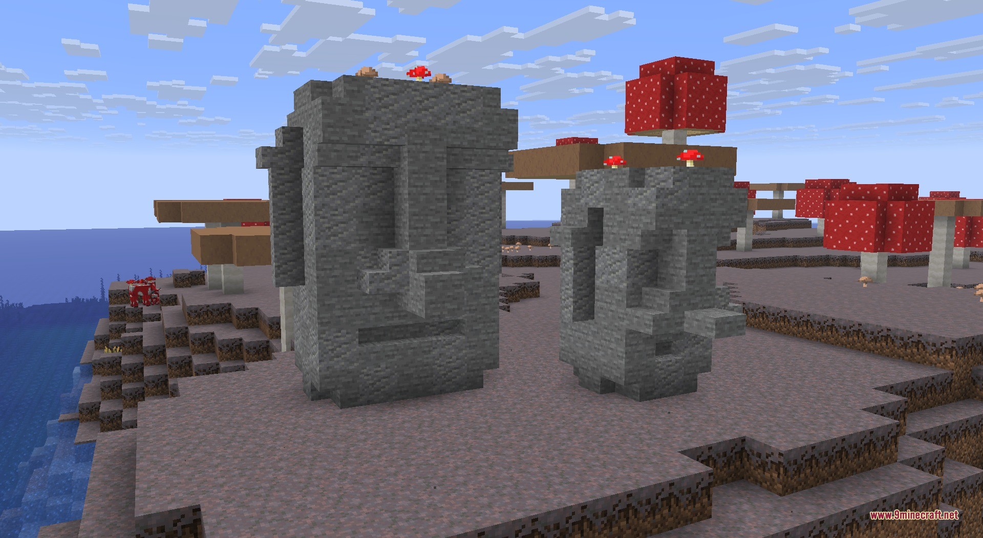 Thun's Structures Data Pack Screenshot 6 Two stone Moai statues standing on a rare mushroom island biome