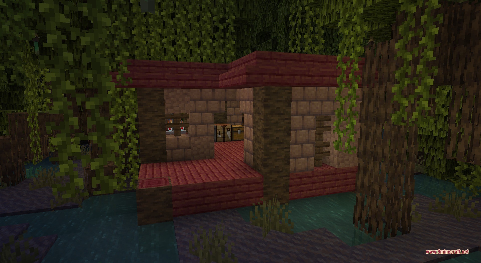 Thun's Structures Data Pack Screenshot 7 A small mangrove swamp house featuring red wood and mud bricks