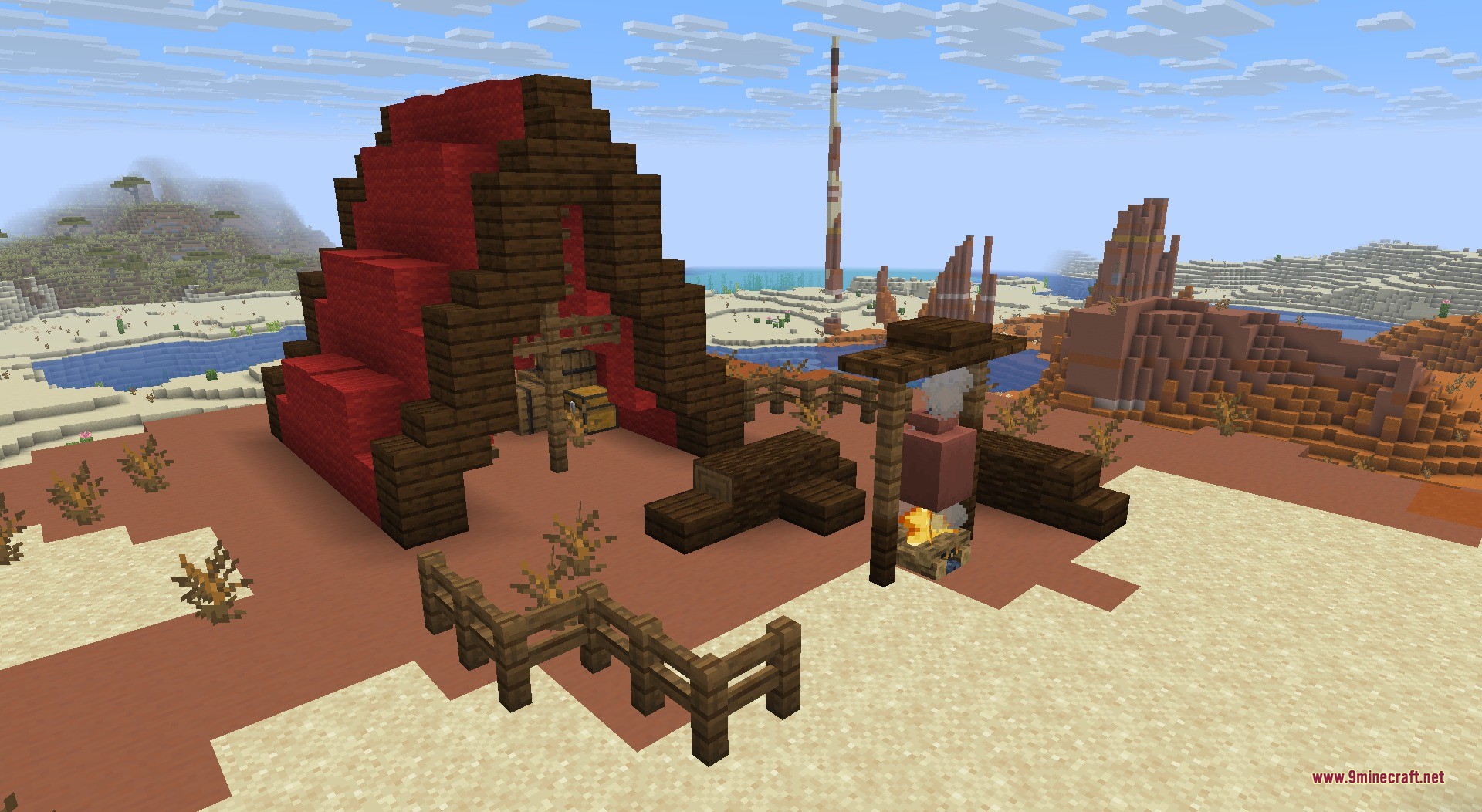Thun's Structures Data Pack Screenshot 8 A campsite with a red tent and campfire in the badlands