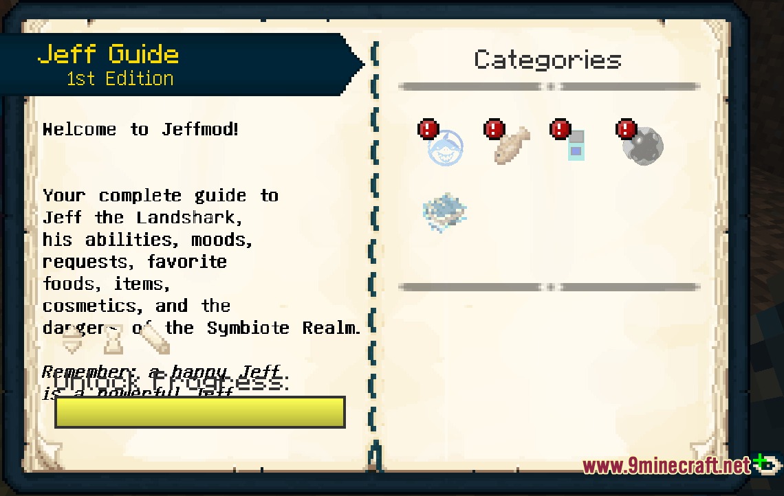 Tidal Crawler Companion Mod Screenshot 5 An open guidebook interface showing categories and information about Jeff the Landshark