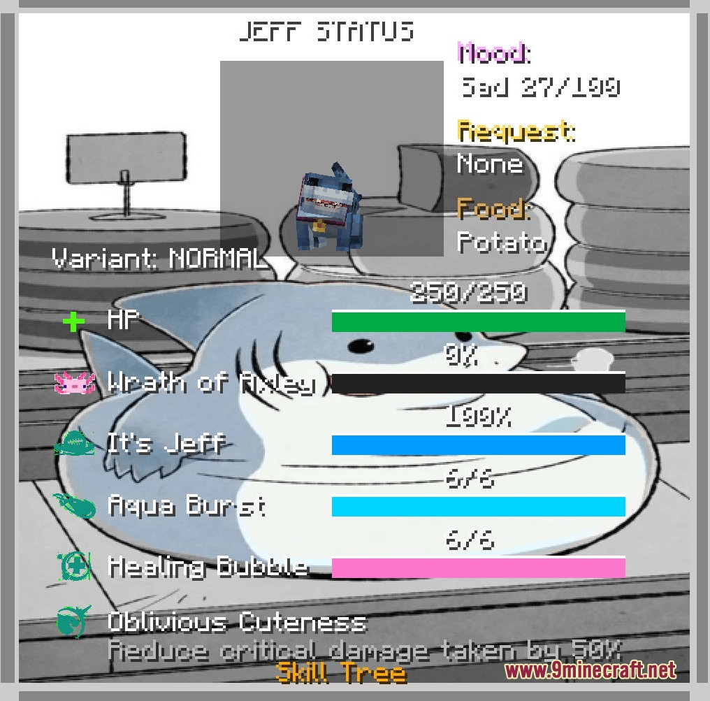 Tidal Crawler Companion Mod Screenshot 8 Tidal Crawler Companion Mod status screen showing stats and skills for the landshark